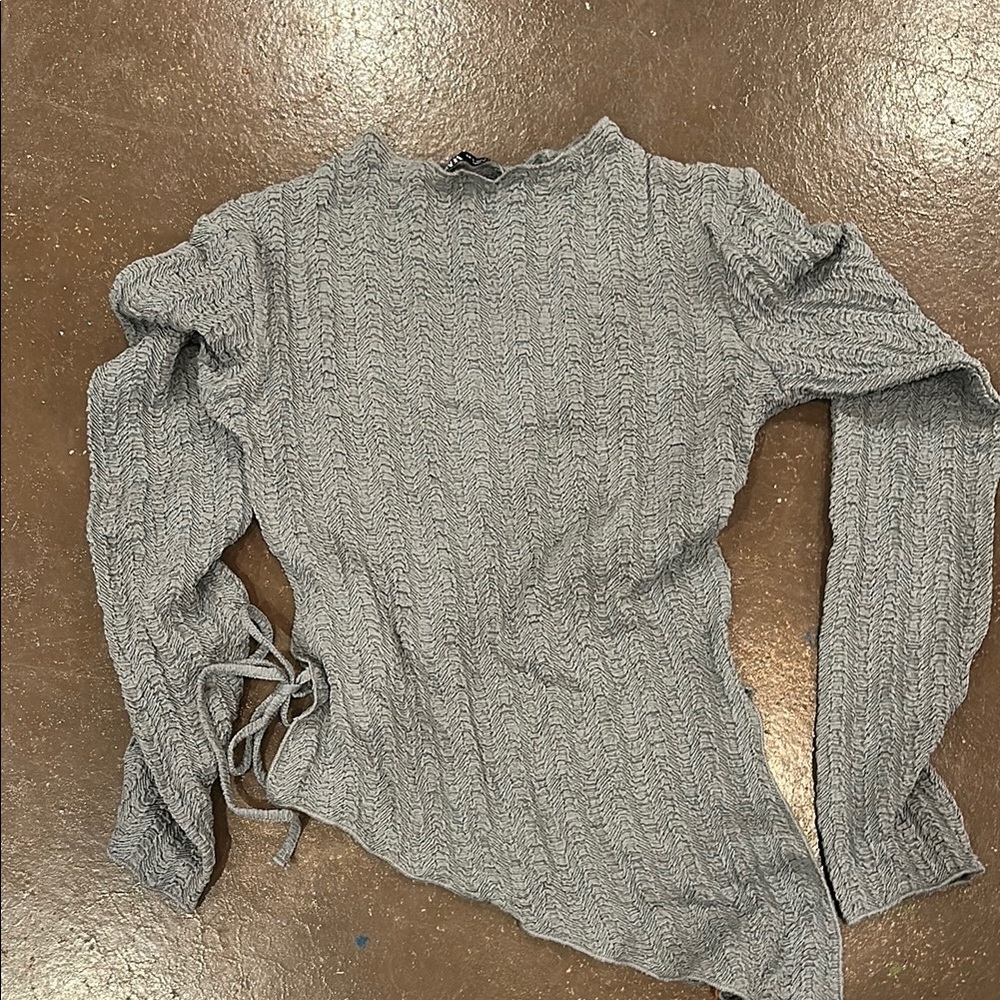 Zara Gray Asymmetrical Ribbed Blouse with Mandarin Collar